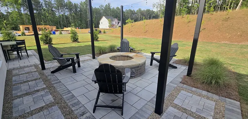 Paver patio, fire pit & string lighting