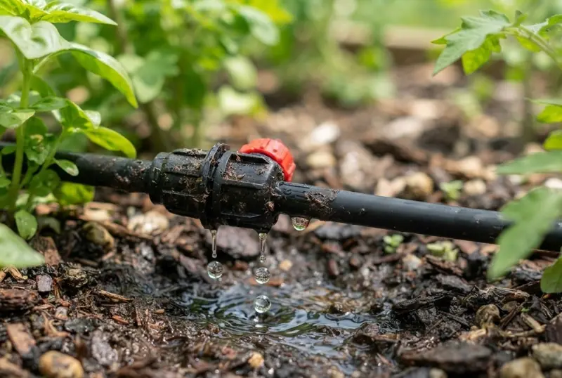 Illustration of a drip irrigation line with an emitter watering a planting bed